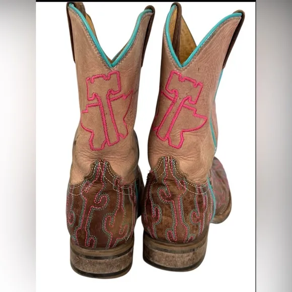 Tin Haul CACTUS Western Cowgirl Boots Pink Brown Teal Stitching Size 1