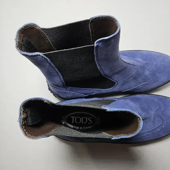 Tod's Chelsea Wingtip Women's Blue Suede Boots Ankle Driving Pull On