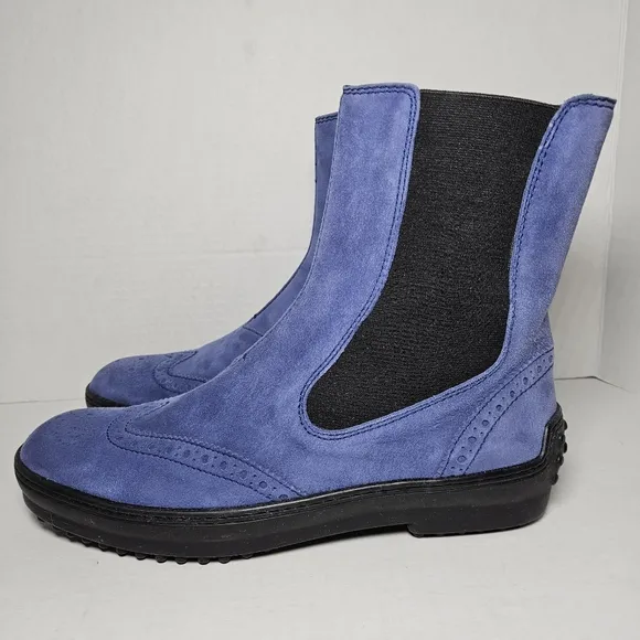 Tod's Chelsea Wingtip Women's Blue Suede Boots Ankle Driving Pull On