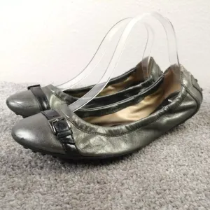TOD'S Dee Ballet Flats Womens Size 38.5 EU Shoes Metallic Leather Buckle Slip On