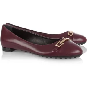 Tod's Leather Ballet Flats Burgundy 37.5/ 7.5 Elegant Slim Pale-gold Hardware