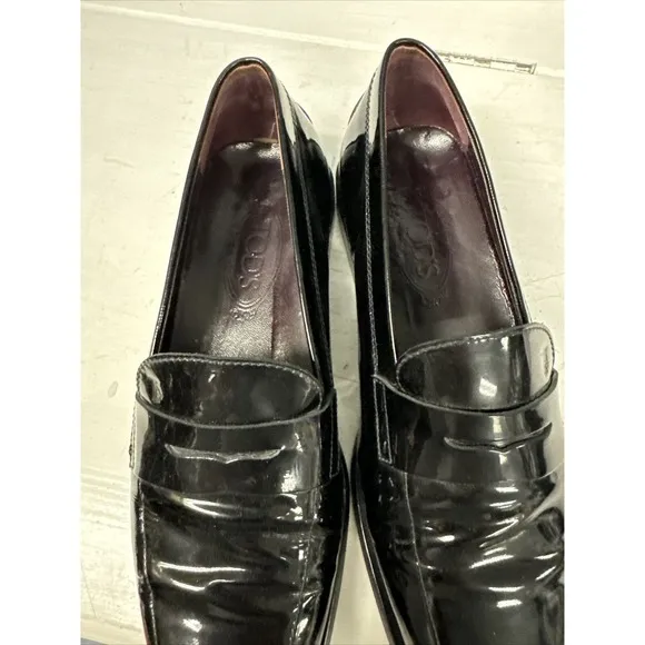 TODS Men’s Penny Loafers Black Patent Leather Size 8 Made In Italy