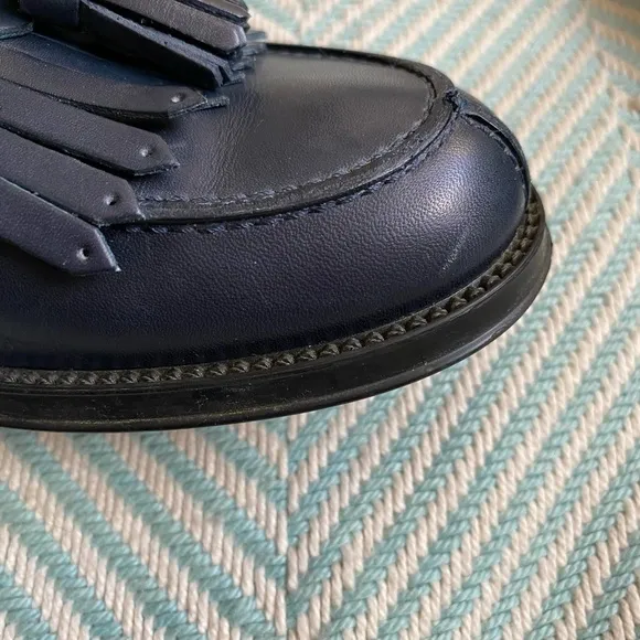 TOD’S Navy Blue Leather Tassel Fringe Loafers