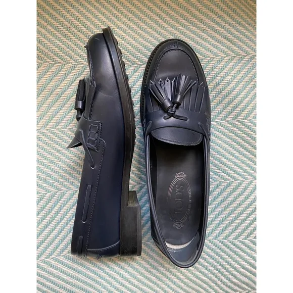 TOD’S Navy Blue Leather Tassel Fringe Loafers