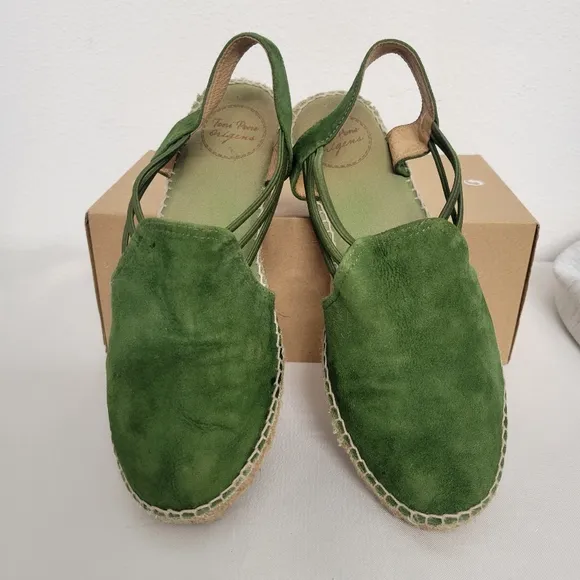 Toni Pons 'Nuria' Suede Sandal Green Suede Espadrille Shoes with Slingback Strap