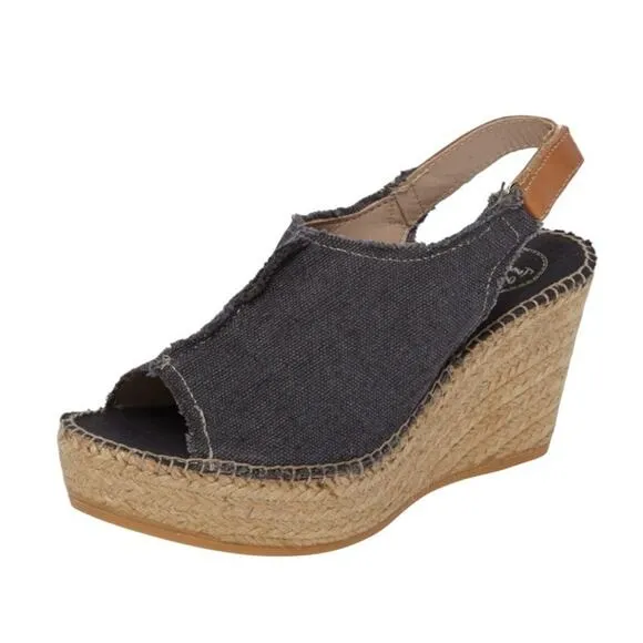 Toni Pons Womens Lugano Espadrille Wedge Sandals EU 38 US 7.5 Black Canvas NIB