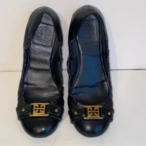 Tory Burch Ambrose Black Leather Gold Logo Slip On Ballet Flats