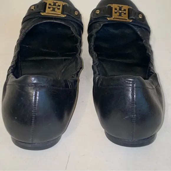 Tory Burch Ambrose Black Leather Gold Logo Slip On Ballet Flats