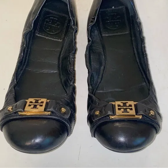 Tory Burch Ambrose Black Leather Gold Logo Slip On Ballet Flats