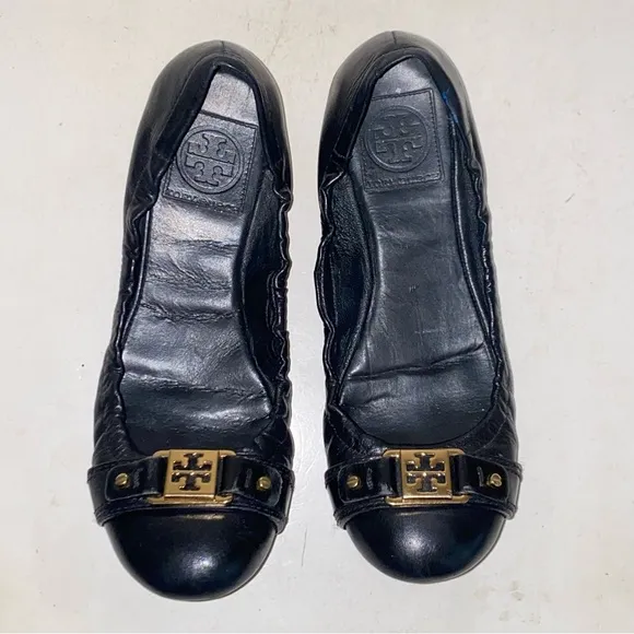 Tory Burch Ambrose Black Leather Gold Logo Slip On Ballet Flats