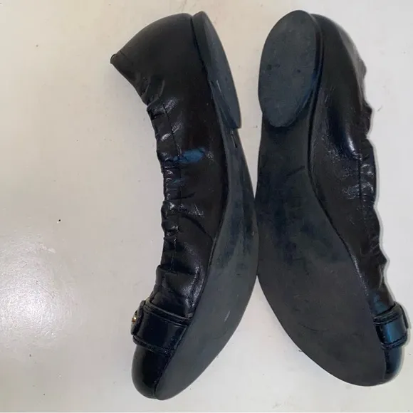 Tory Burch Ambrose Black Leather Gold Logo Slip On Ballet Flats