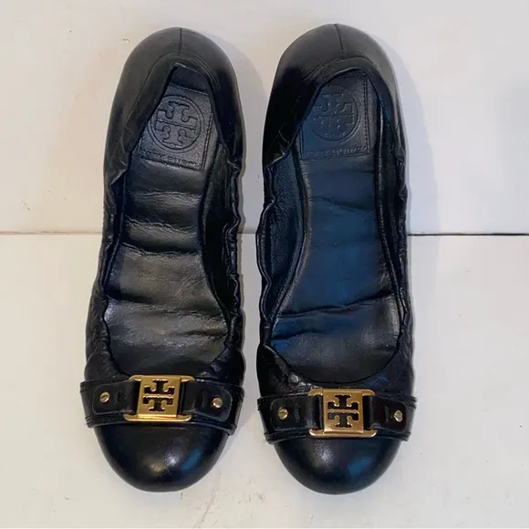 Tory Burch Ambrose Black Leather Gold Logo Slip On Ballet Flats