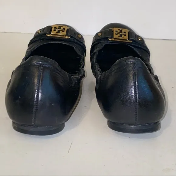 Tory Burch Ambrose Black Leather Gold Logo Slip On Ballet Flats