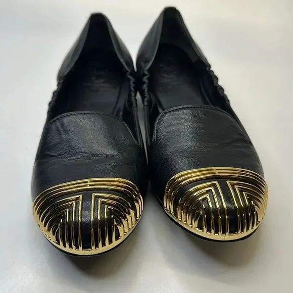 Tory Burch Ballet Flats Slip On Scrunch Back T Logo Leather Black Gold Size 7