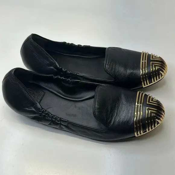 Tory Burch Ballet Flats Slip On Scrunch Back T Logo Leather Black Gold Size 7