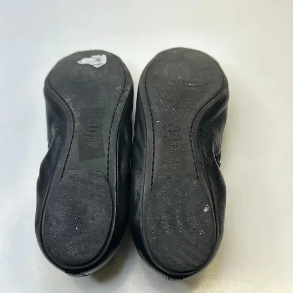 Tory Burch Ballet Flats Slip On Scrunch Back T Logo Leather Black Gold Size 7