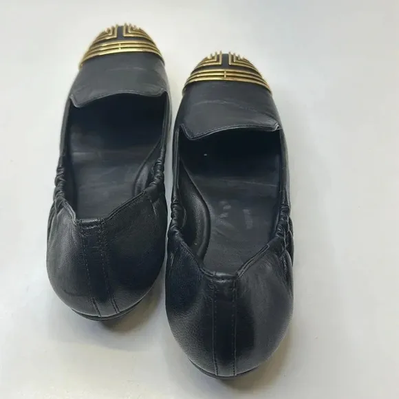 Tory Burch Ballet Flats Slip On Scrunch Back T Logo Leather Black Gold Size 7
