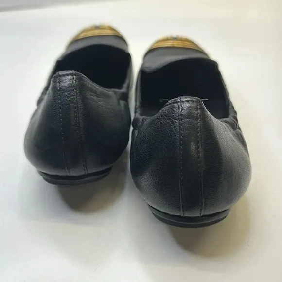 Tory Burch Ballet Flats Slip On Scrunch Back T Logo Leather Black Gold Size 7