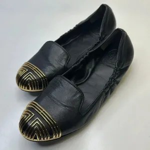 Tory Burch Ballet Flats Slip On Scrunch Back T Logo Leather Black Gold Size 7