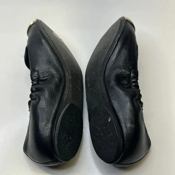 Tory Burch Ballet Flats Slip On Scrunch Back T Logo Leather Black Gold Size 7
