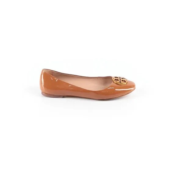 TORY BURCH Brown Patent Leather Ballerina Flats Gold Logo - US 7.5