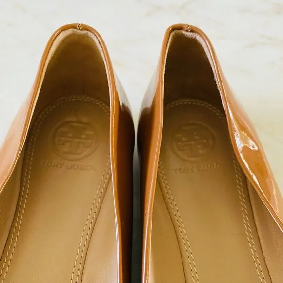 TORY BURCH Brown Patent Leather Ballerina Flats Gold Logo - US 7.5