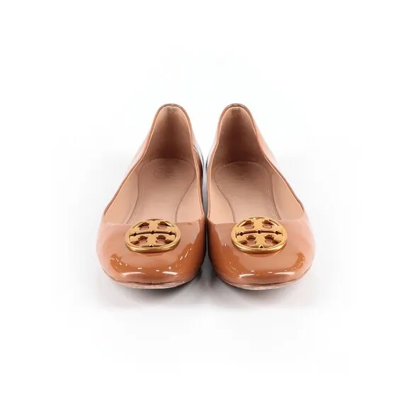 TORY BURCH Brown Patent Leather Ballerina Flats Gold Logo - US 7.5