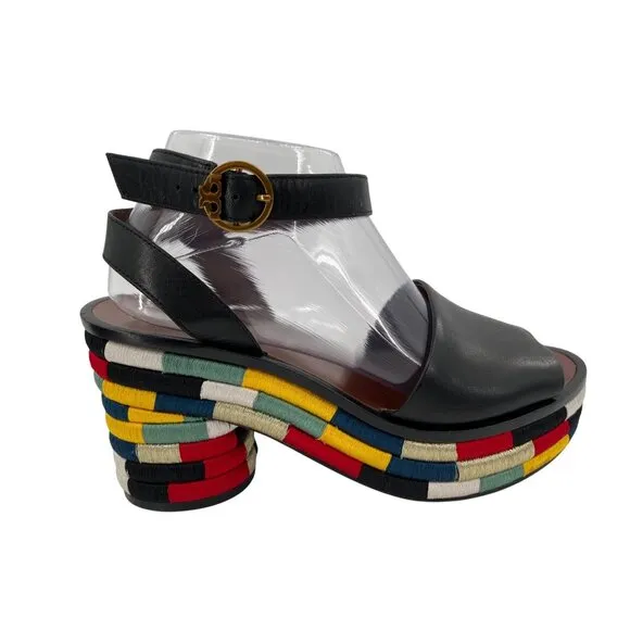 Tory Burch Camilla Embroidered Black Leather Ankle Strap Sandals Platform Heel 9