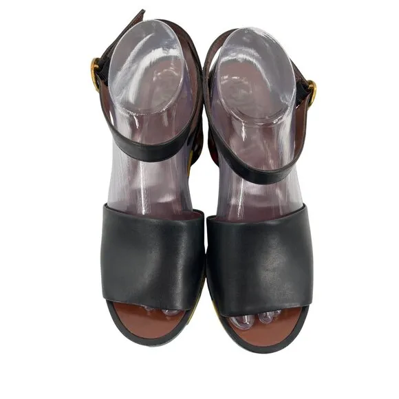 Tory Burch Camilla Embroidered Black Leather Ankle Strap Sandals Platform Heel 9