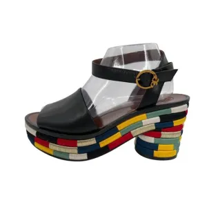 Tory Burch Camilla Embroidered Black Leather Ankle Strap Sandals Platform Heel 9