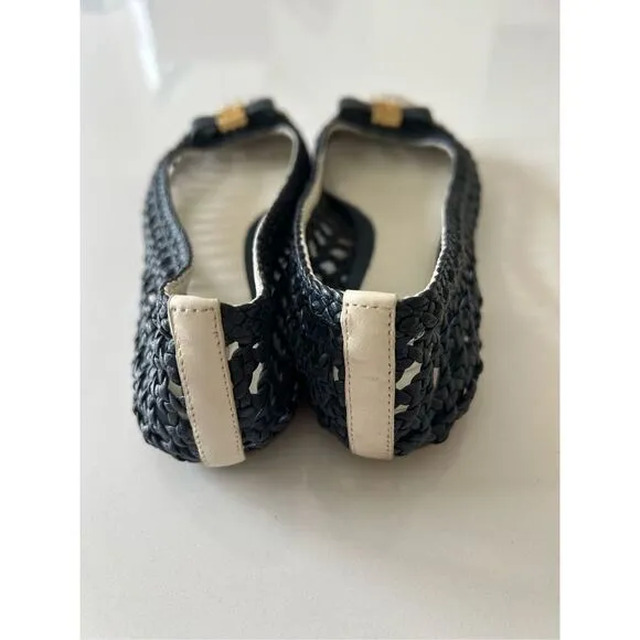 Tory Burch Carlyle Woven Leather Ballet Flats Women’s White Navy Size 6.5