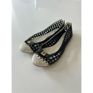 Tory Burch Carlyle Woven Leather Ballet Flats Women’s White Navy Size 6.5