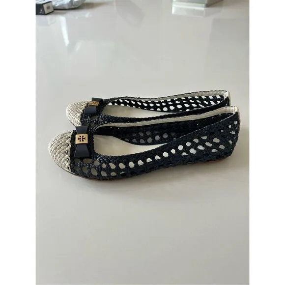 Tory Burch Carlyle Woven Leather Ballet Flats Women’s White Navy Size 6.5