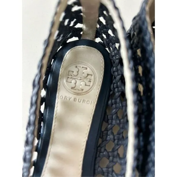 Tory Burch Carlyle Woven Leather Ballet Flats Women’s White Navy Size 6.5