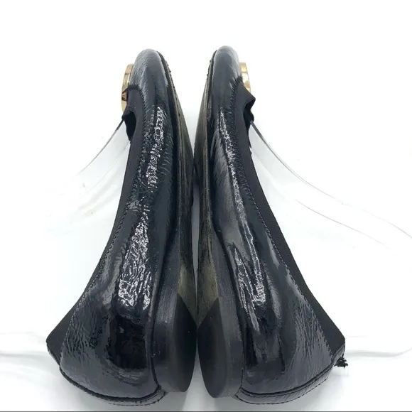 TORY BURCH Caroline Ballet Flats Black Leather Patent Slip On Medallion 8.5 Logo