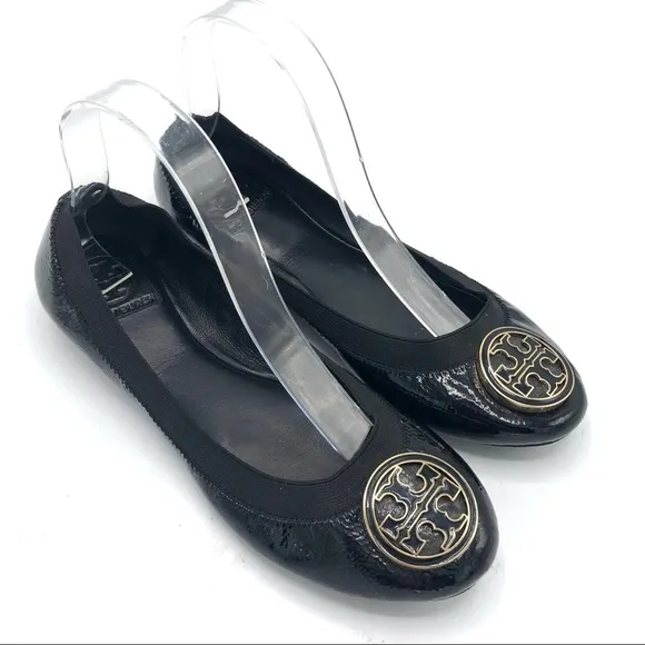 TORY BURCH Caroline Ballet Flats Black Leather Patent Slip On Medallion 8.5 Logo