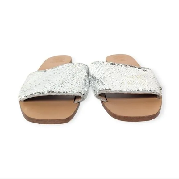 Tory Burch Carter Silver Sequin Slip On Slide Sandals Size 8