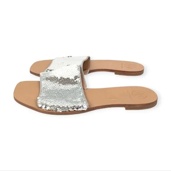 Tory Burch Carter Silver Sequin Slip On Slide Sandals Size 8