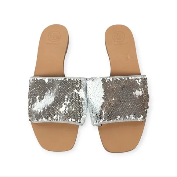 Tory Burch Carter Silver Sequin Slip On Slide Sandals Size 8