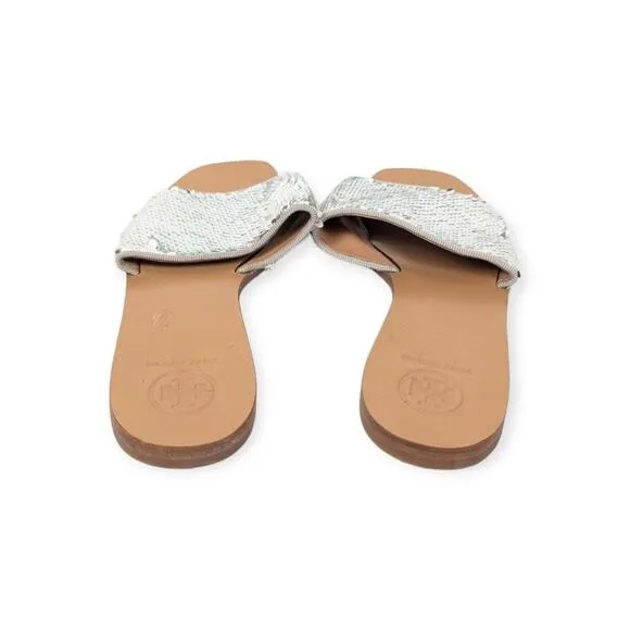 Tory Burch Carter Silver Sequin Slip On Slide Sandals Size 8