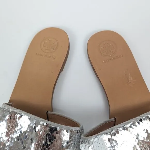 Tory Burch Carter Silver Sequin Slip On Slide Sandals Size 8
