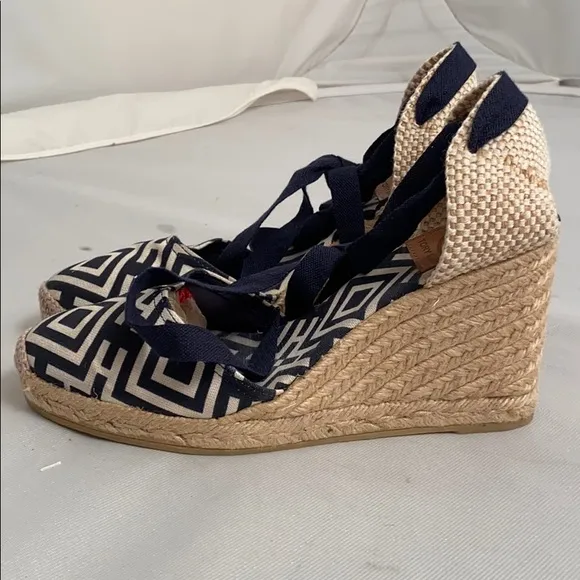 Tory Burch Clubhouse navy and cream geometric espadrilles 39