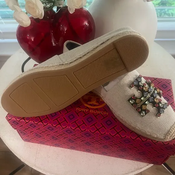 Tory Burch Cream Espadrilles with Ornate Embellishments