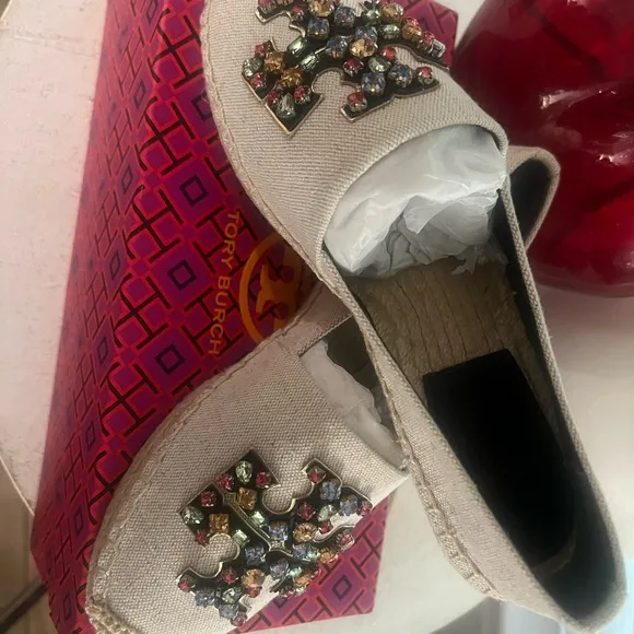 Tory Burch Cream Espadrilles with Ornate Embellishments