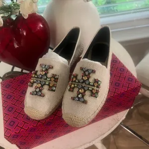 Tory Burch Cream Espadrilles with Ornate Embellishments