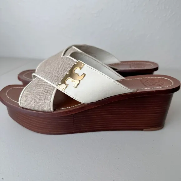 Tory Burch culver canvas linen leather crisscross wedge sandals 10