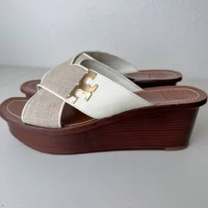 Tory Burch culver canvas linen leather crisscross wedge sandals 10