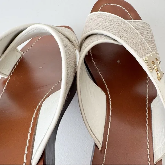 Tory Burch culver canvas linen leather crisscross wedge sandals 10