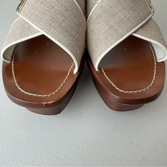 Tory Burch culver canvas linen leather crisscross wedge sandals 10