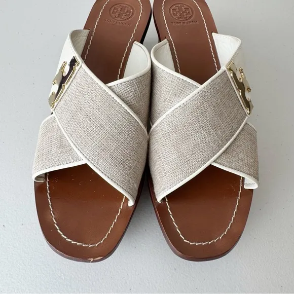 Tory Burch culver canvas linen leather crisscross wedge sandals 10